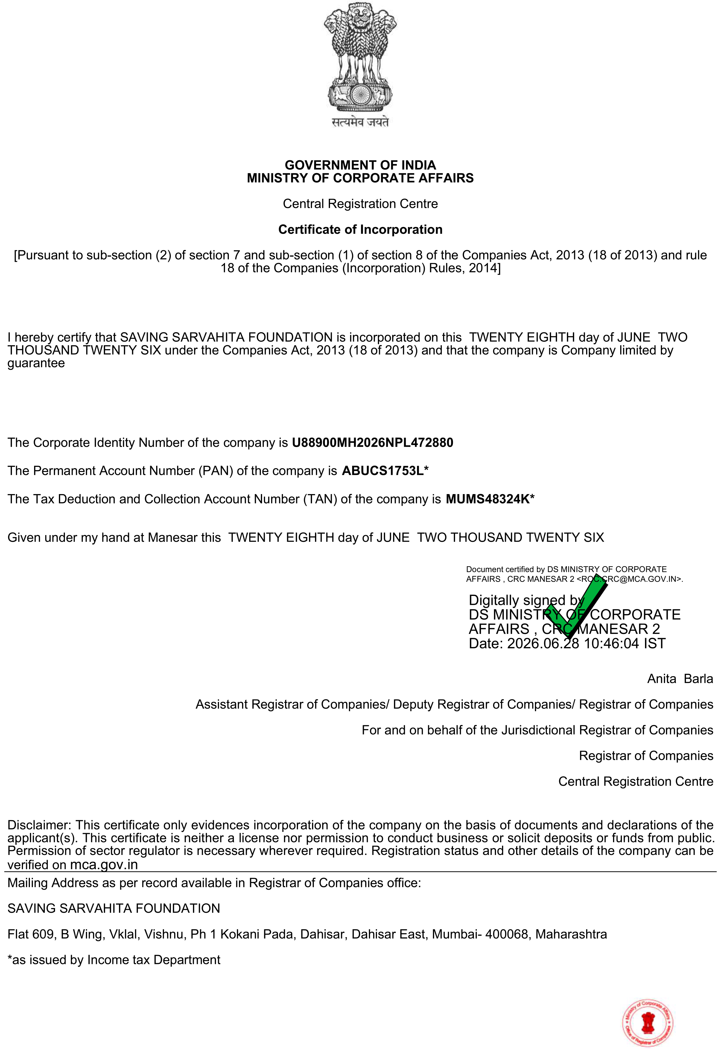 Government Certificate of Incorporation